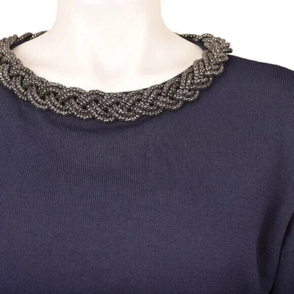Zara Knit  Blue Sweater Silver Necklace Neckline Size Small - Picture 2 of 9